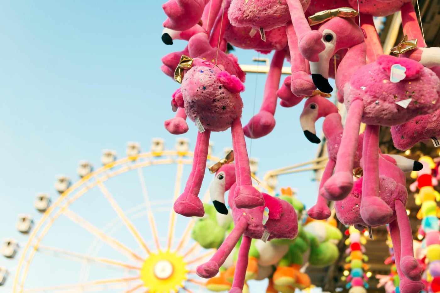 Foto: Stadtverwaltung Crailsheim Pinke Flamingos als Kuscheltiere und im Hintergrund das Riesenrad